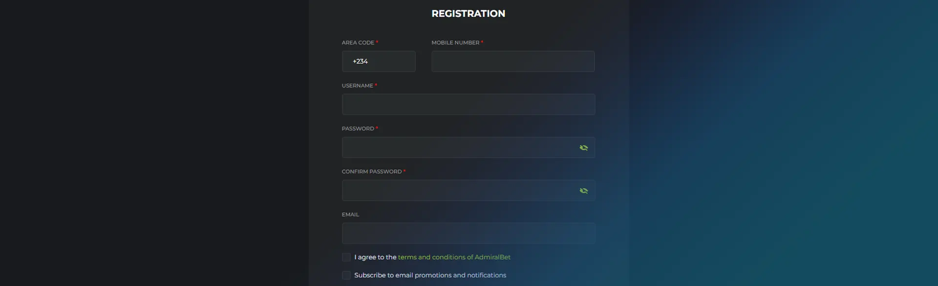 Registration form on Winners Golden Bet.