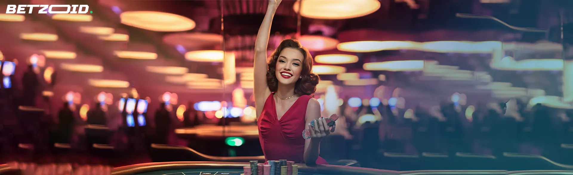 Woman celebrating a win at a casino table for free signup bonus no deposit real money casino in Ontario.