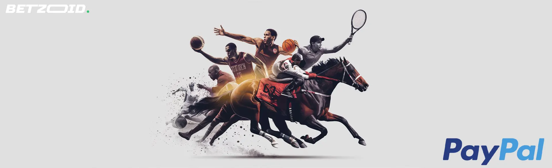 PayPal logo and various athletes including a jockey on a horse for horse betting sites that accept PayPal.
