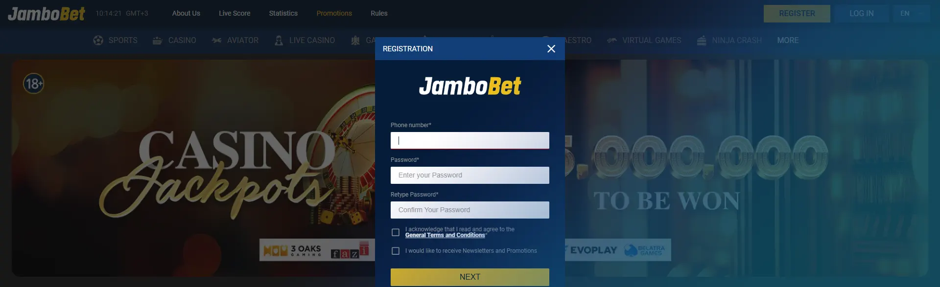 Field for registration on the Jambobet betting site.