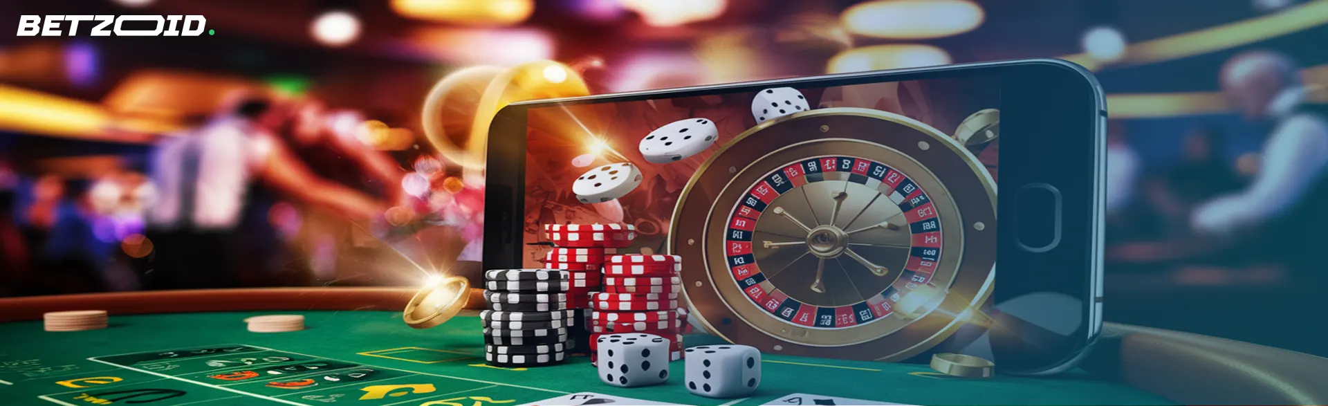 Online casinos no deposit boonus with smartphone with cards and roulette on table.