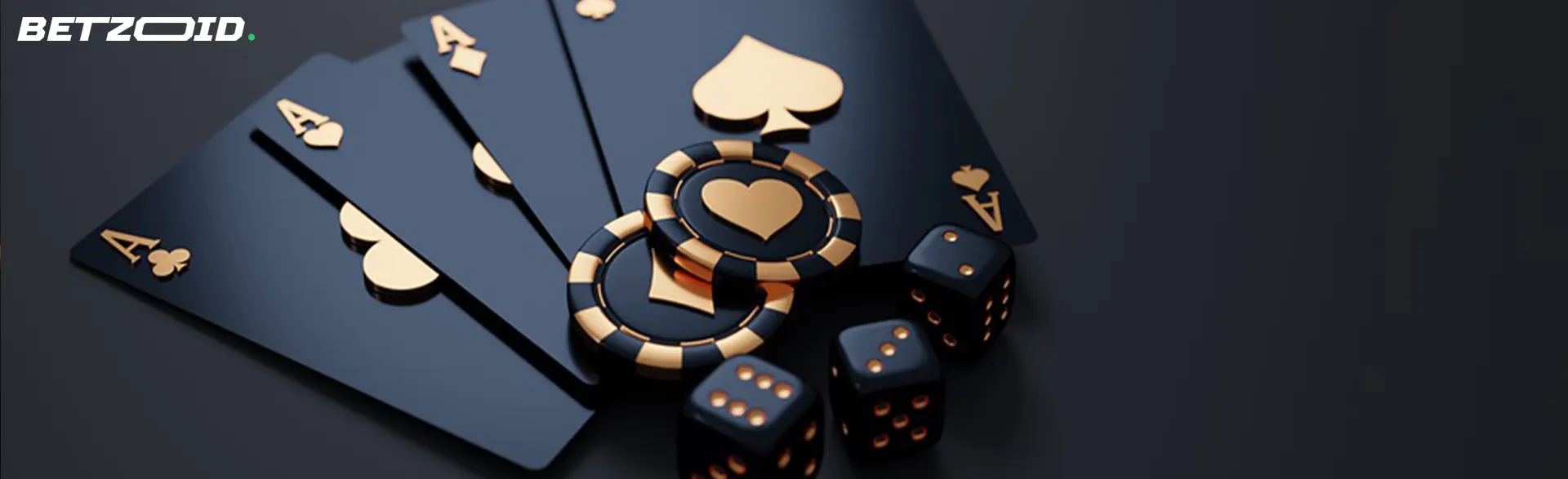 Black playing cards with golden Ace symbols, poker chips, and dice on a dark background.