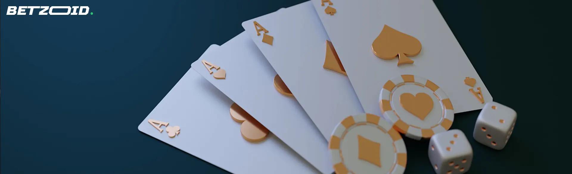 Three playing cards with a golden ace, as well as poker chips and dice on a dark blue background.