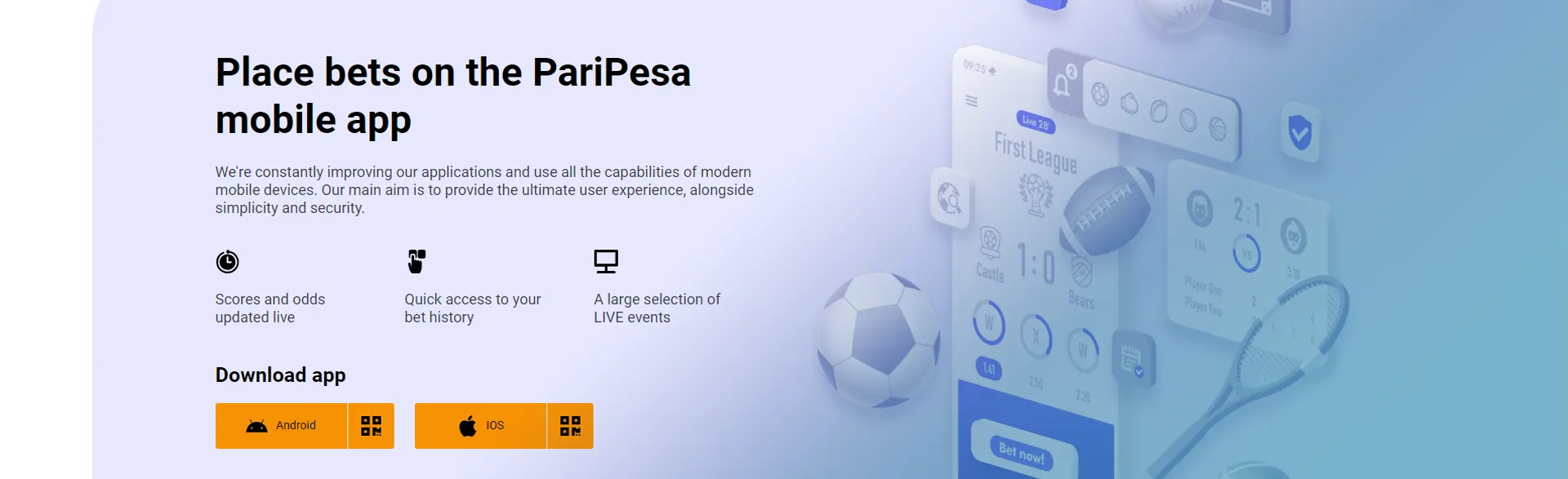 Field for downloading mobile app for Android or IOS on the Paripesa betting site.