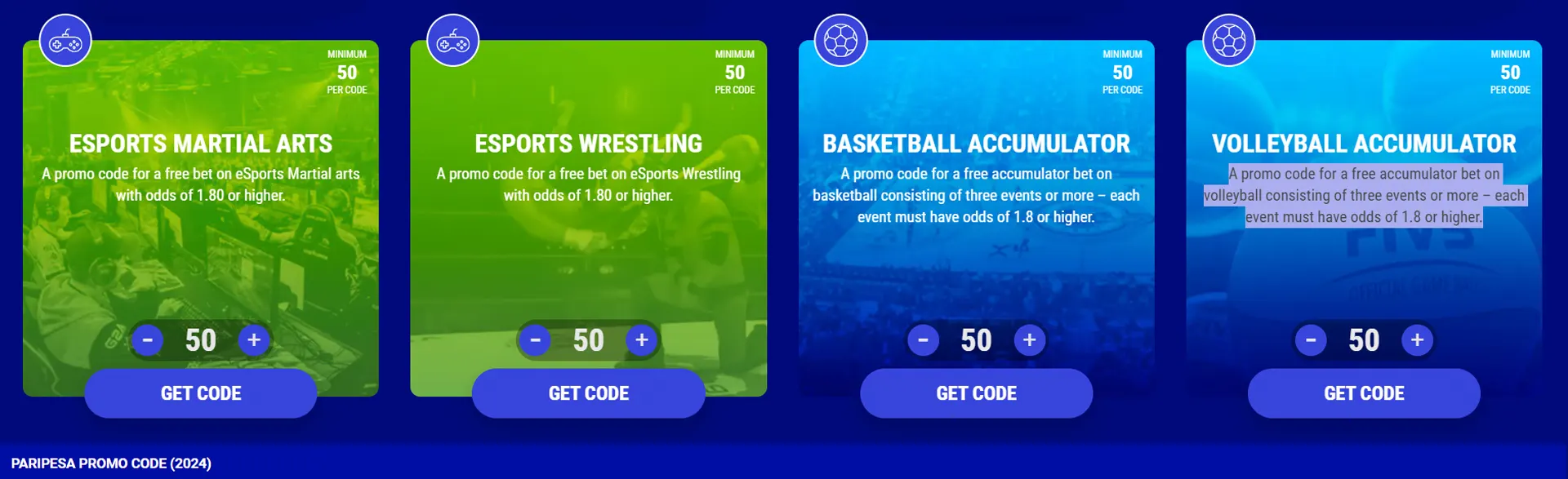 Page with promo codes on esports, basketball, volleyball on PariPesa.