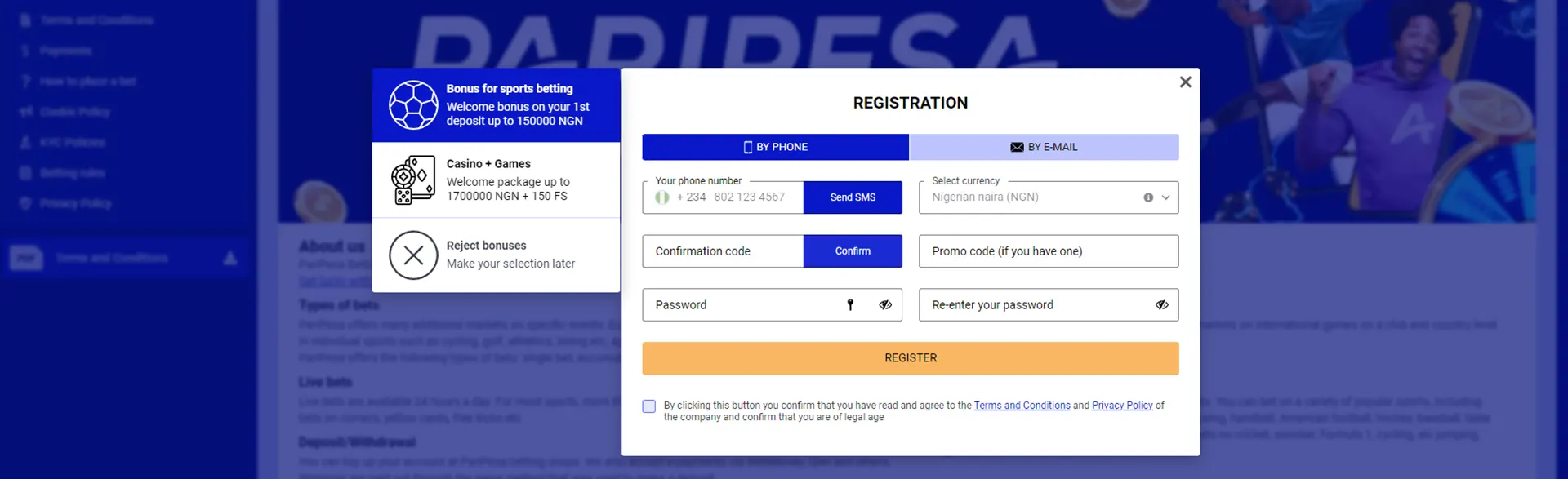 Page with registration form by phone or email on PariPesa.