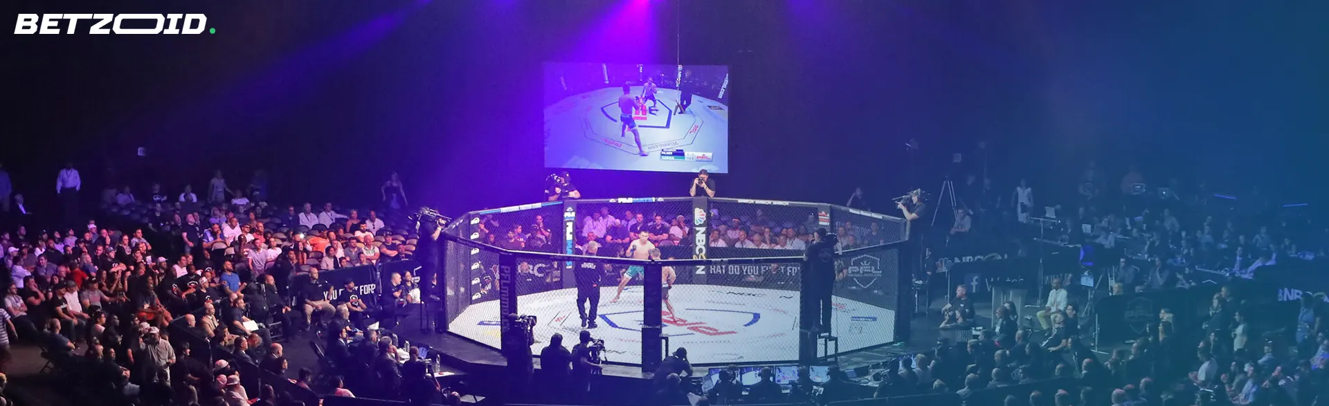 UFC sportsbooks featuring a packed arena and fighters in the octagon.