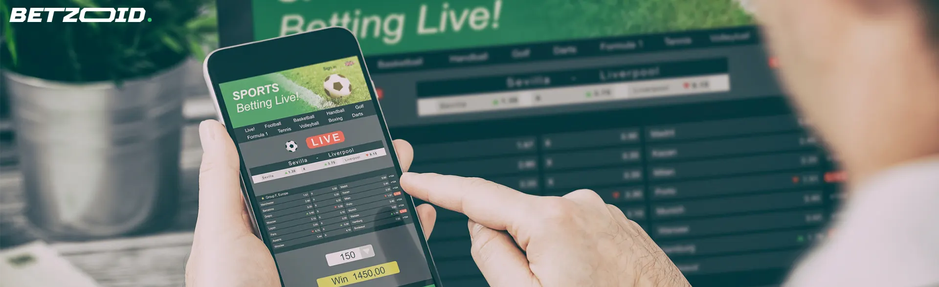 Person using a smartphone for live sports betting, representing C$1 deposit betting sites in Canada.