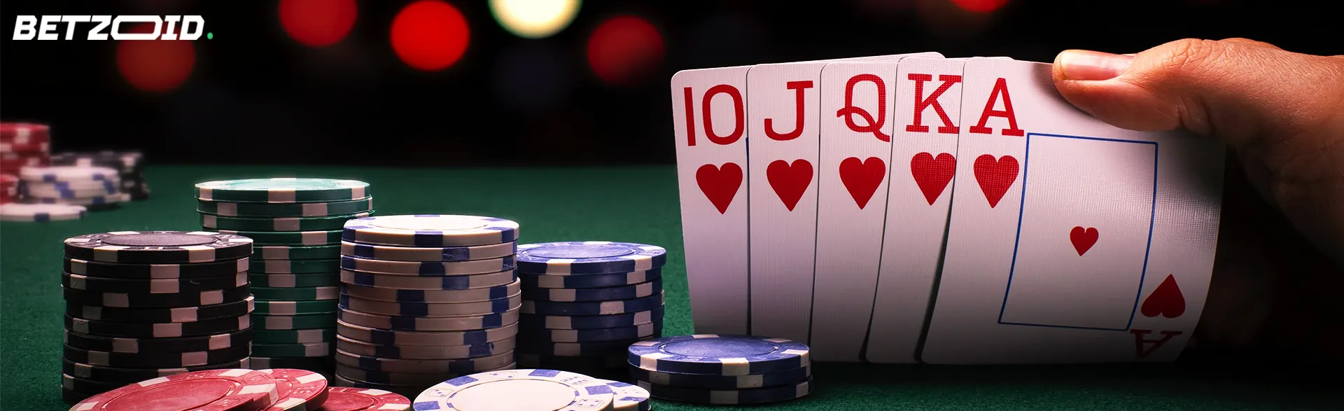 Royal flush in hearts and casino chips, enhancing the allure of a 400% match deposit bonus.