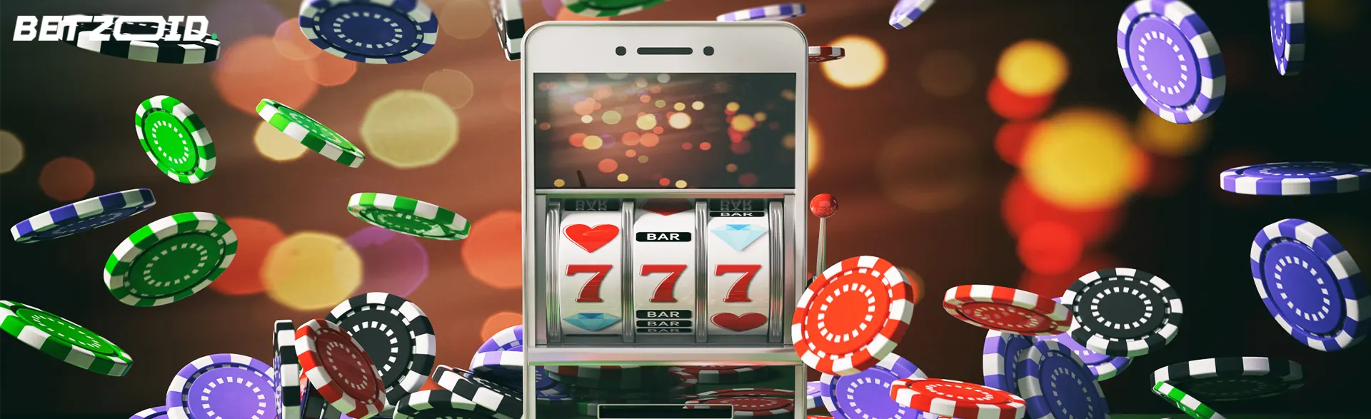 An Adnoid casino displaying a slot machine app, surrounded by casino chips.