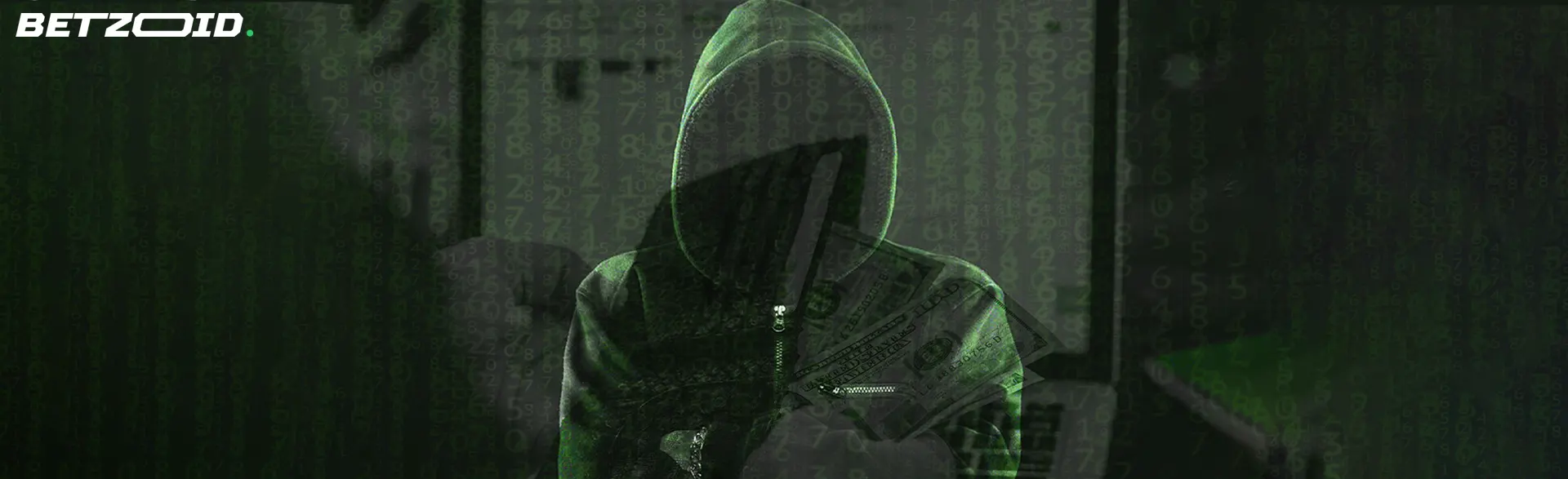 Silhouetted figure in a hoodie with overlay of binary code and money symbols, symbolizing the anonymous and digital nature of cryptocurrency sportsbooks in Canada.