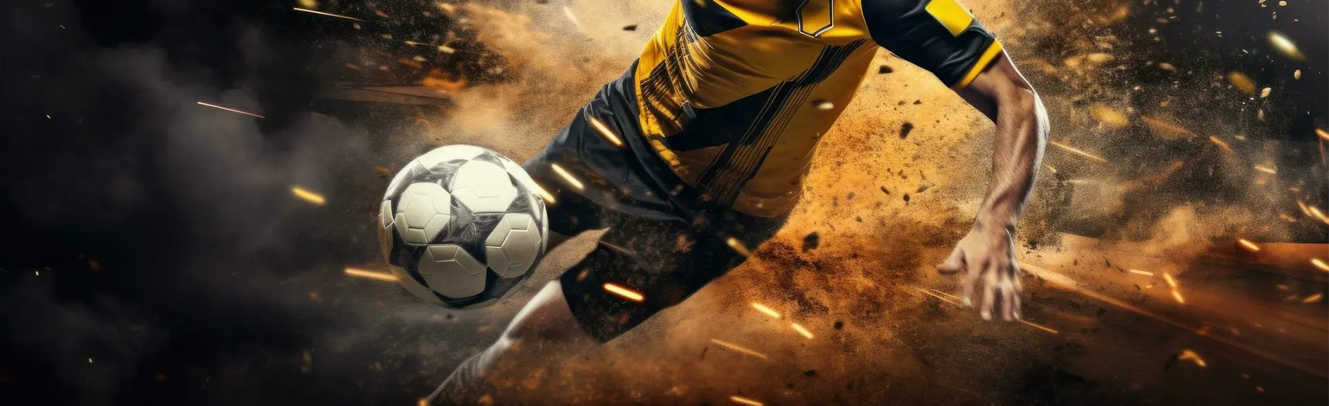 A dynamic action shot of a soccer player in a yellow and black jersey, captured mid-kick, representing the excitement of using betting apps for football in Canada.