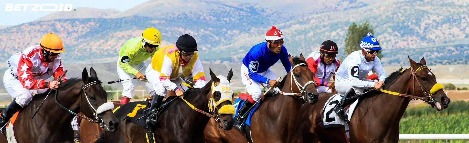Intense horse racing action with jockeys in colorful gear, exemplifying the dynamic world of betting sites in Canada.