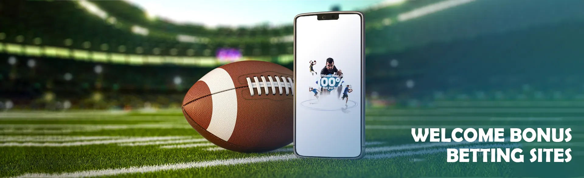 A smartphone displaying an enticing welcome bonus for new users on a backdrop of a football field, highlighting betting sites with free registration bonus in Canada.