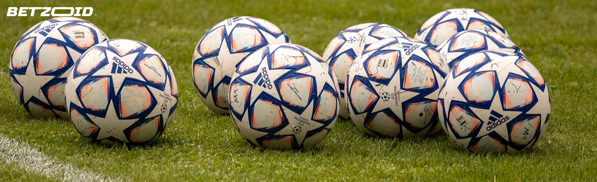 A row of Adidas soccer balls on grass.