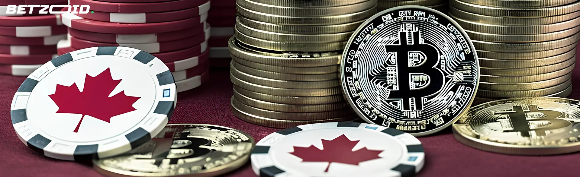 Stacks of coins, poker chips with a Canadian flag, and Bitcoin, illustrating the popularity of Bitcoin betting sites in Canada.
