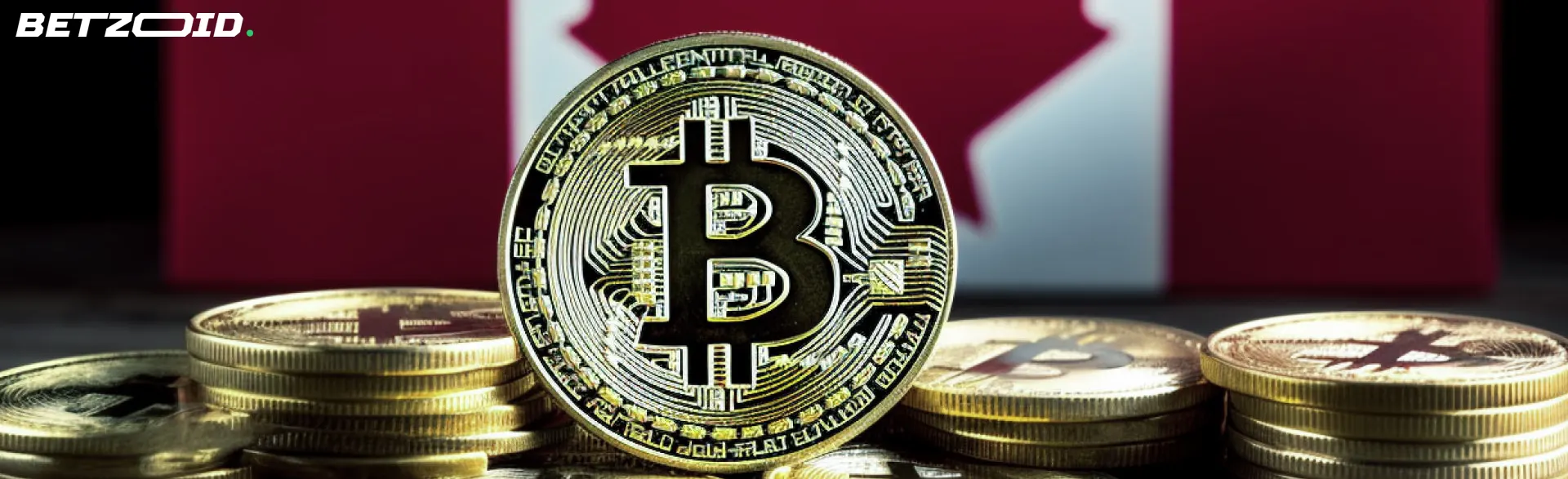 Bitcoin coin in front of a Canadian flag, symbolizing the rise of Bitcoin sportsbooks in Canada.