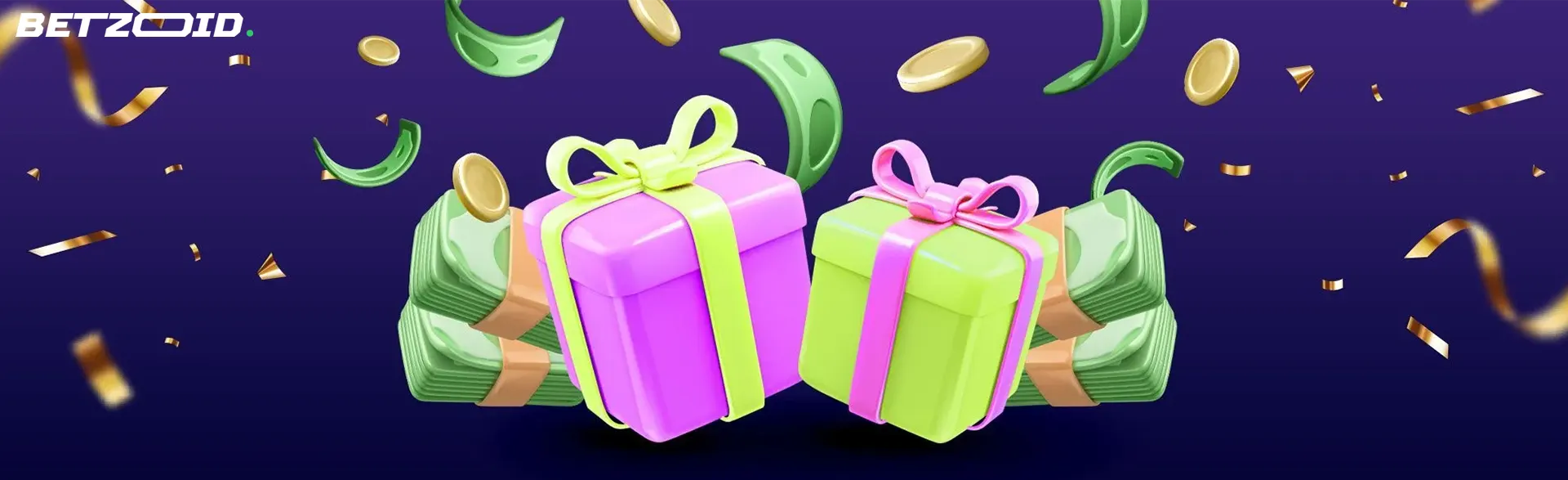 Illustration of two gift boxes surrounded by cash bundles and coins, symbolizing the rewards and bonuses offered by cashback casinos in Canada.