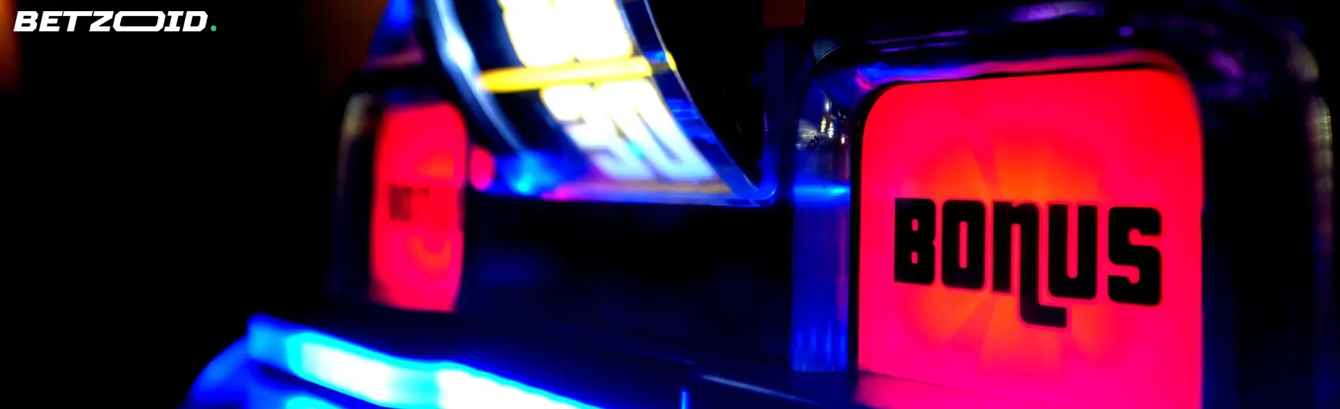 Close-up image of a casino slot machine displaying the word 'Bonus' in bright neon colors, representing the excitement of a casino cashback bonus in Canada.