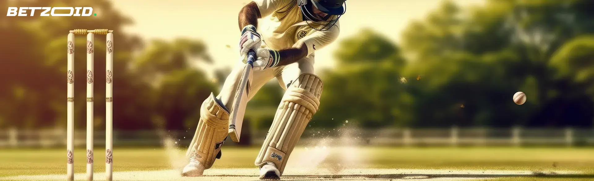 A cricket player in action with a bat, on a green field with stumps, representing cricket betting apps in Canada.