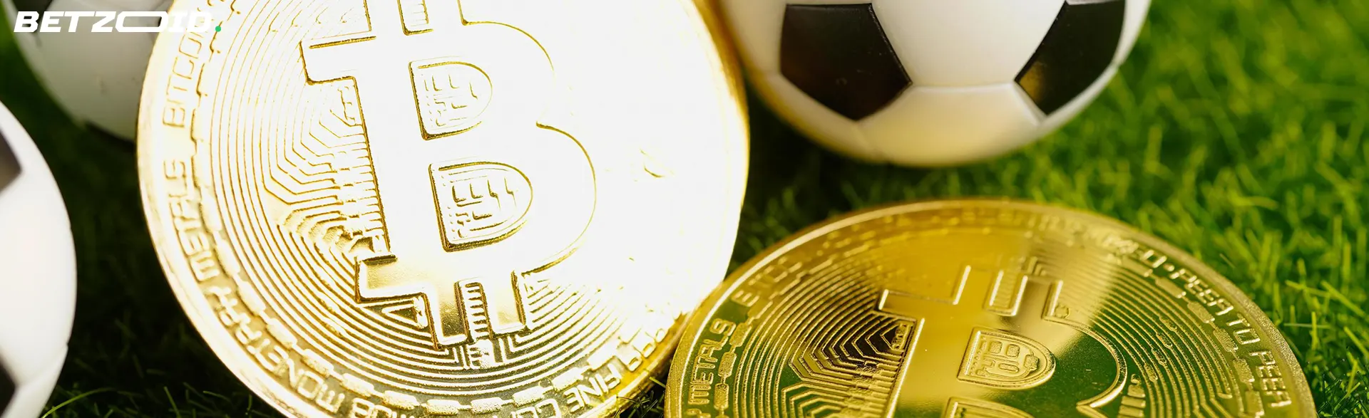 Close-up of golden Bitcoin coins on a grassy field, with a soccer ball in the background, illustrating the integration of cryptocurrency in sportsbooks for Canadian bettors.