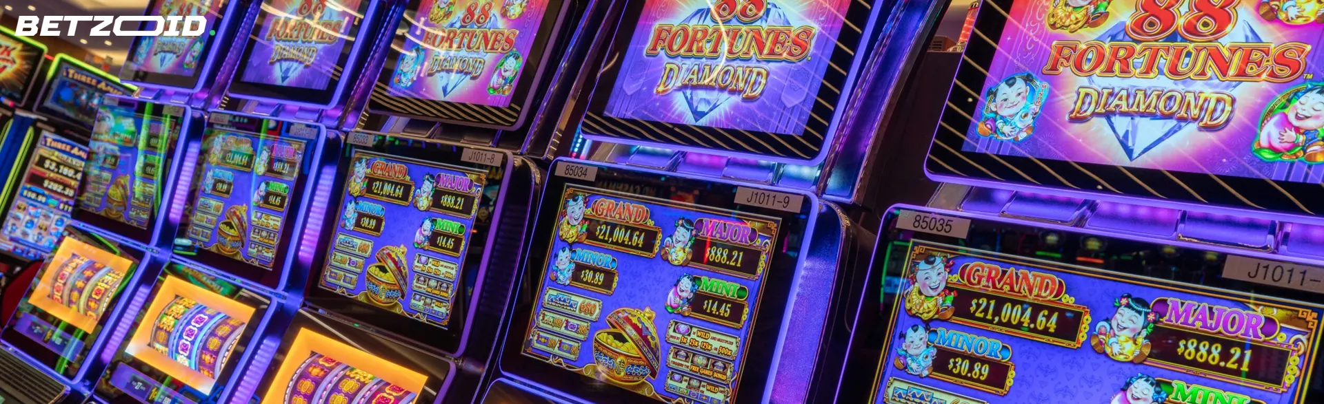 Array of brightly lit slot machines in a casino, each promoting free spins, indicative of the generous offers available at casinos in Canada with no wagering requirements.