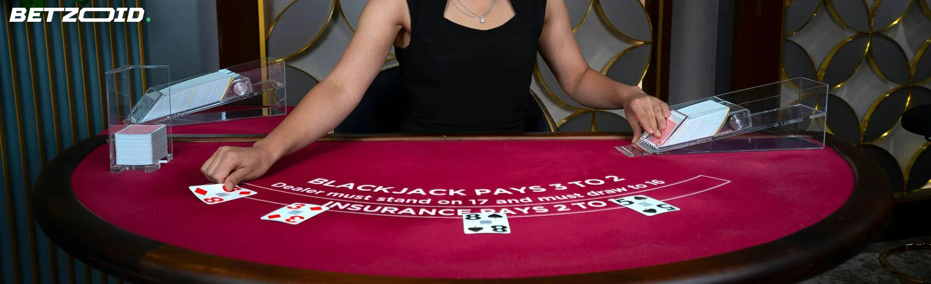 A live dealer at a blackjack table, dealing cards to players, highlighting the immersive experience of live dealer blackjack online in Canada.