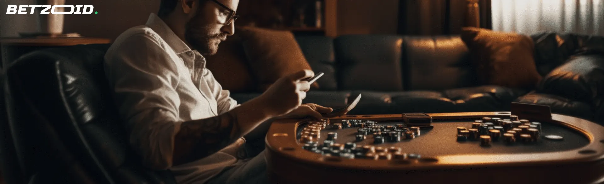 A man sitting on a couch, using a smartphone, with a poker table full of chips in front of him, representing mobile no deposit casino bonuses in Canada.
