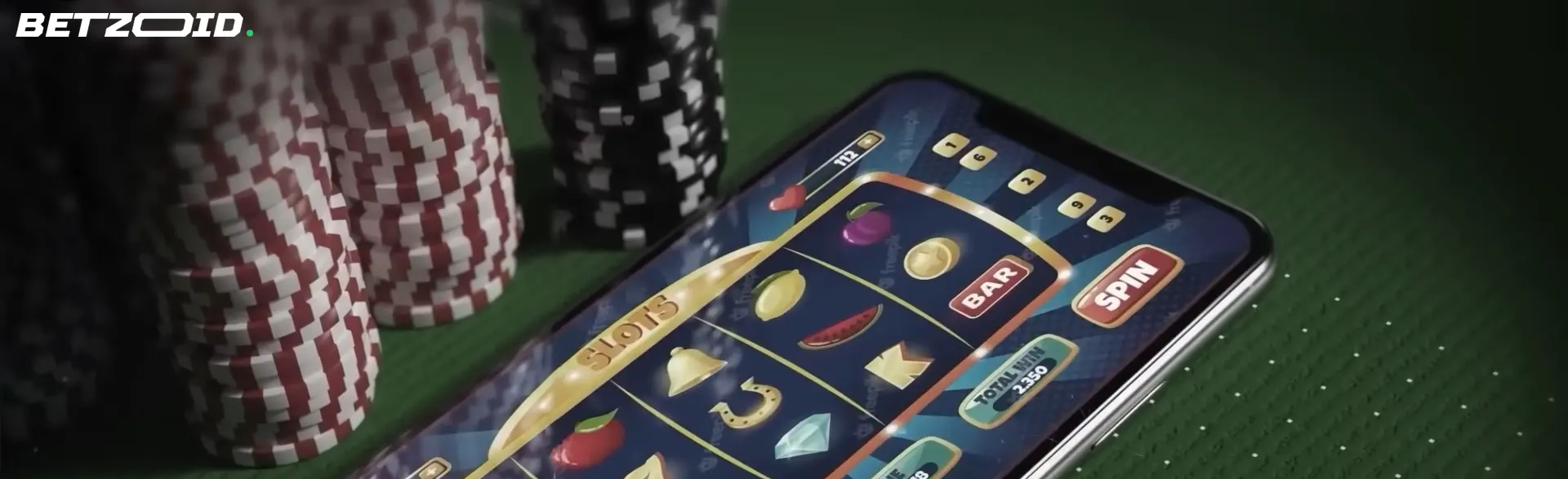 A smartphone displaying a slot game screen next to stacks of poker chips, representing mobile no deposit casinos in Canada.