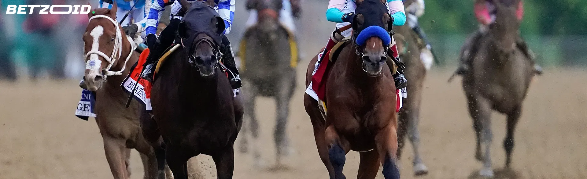 Close-up action shot of horses racing, highlighting the thrill and excitement of new sportsbooks in Canada, catering to horse racing enthusiasts and bettors alike.