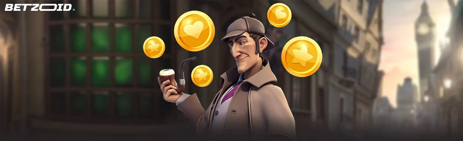 Illustration of a detective character holding a pipe, surrounded by golden coins with hearts and stars, representing online casino cashback offers in Canada.