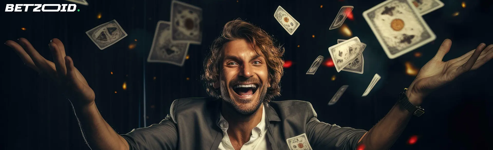 Man joyfully tossing playing cards in the air, embodying the excitement of winning at online casinos with the biggest jackpots in Canada.