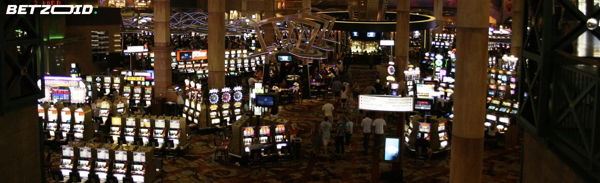 Vibrant casino floor with slot machines and gaming tables for offshore online gambling in Canada.