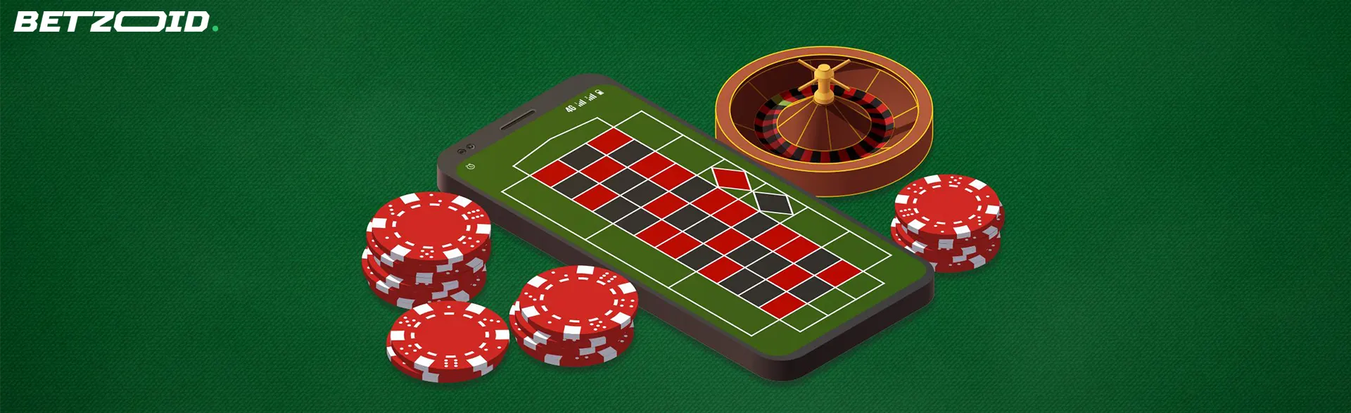 Mobile phone displaying an online roulette game interface alongside roulette chips and a roulette wheel, depicting a no deposit free bonus for online roulette players in Canada.
