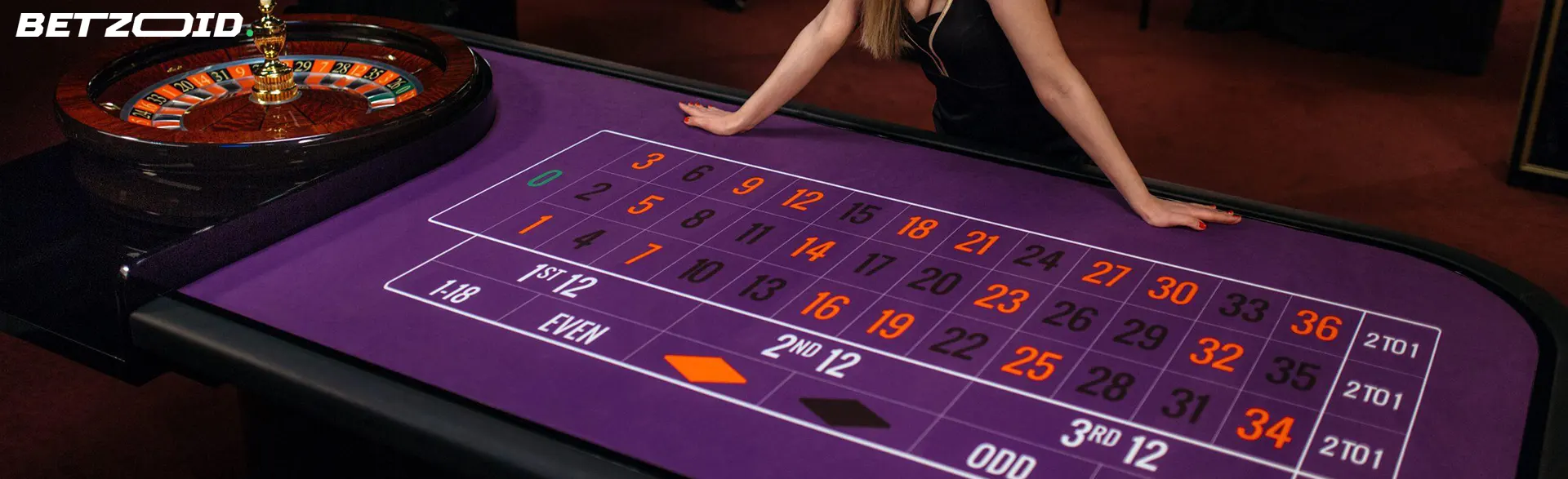 A high-stakes roulette table, with a focus on the purple betting cloth and a roulette wheel in the background, symbolizing a no deposit welcome bonus for roulette players in Canada.
