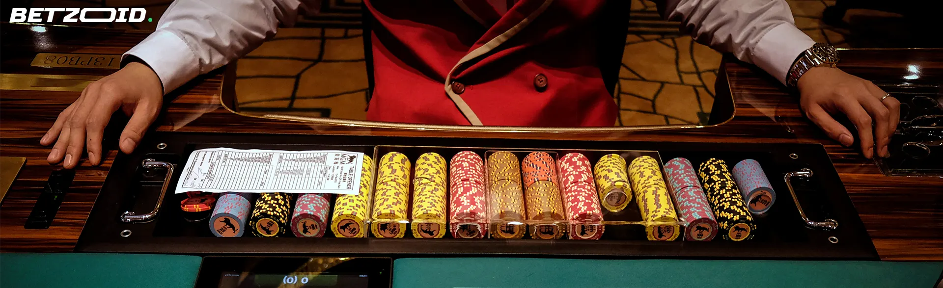 A casino dealer in a red jacket managing a variety of poker chips, representing trusted online casinos for VIP players in Canada.