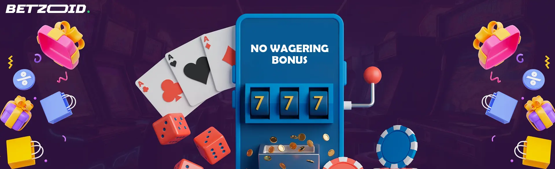 Slot machine graphic featuring 'No Wagering Bonus' and casino symbols, highlighting wager-free deposit bonuses in Canada.