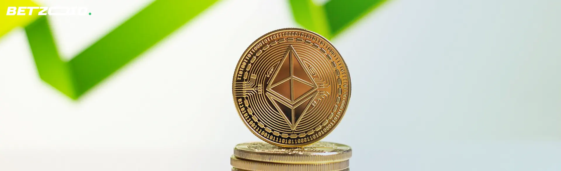 A gold Ethereum coin standing on top of stacked coins with a green upward trend line in the background.