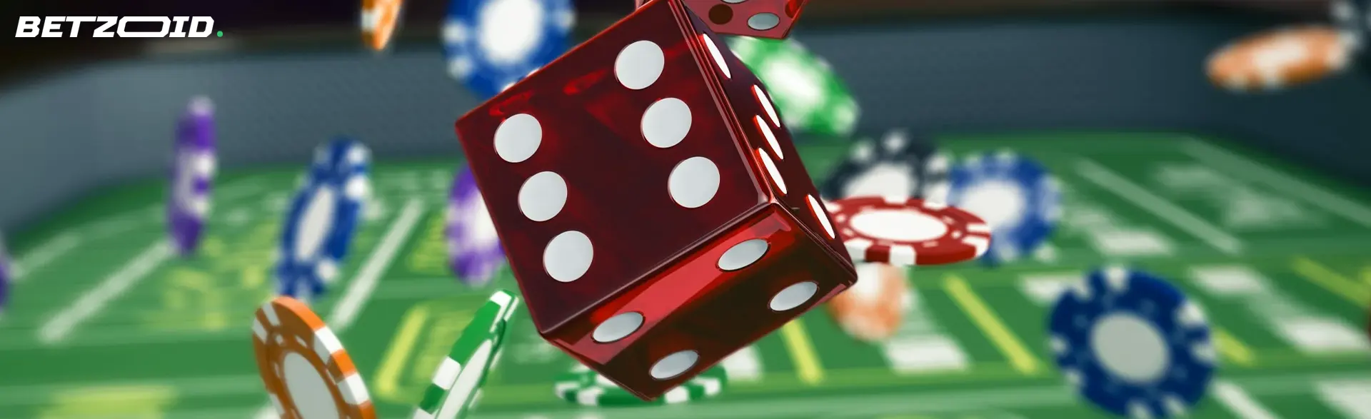 Dadi e fiches che volano in un casinò virtuale.