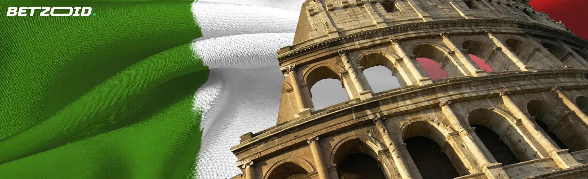 Colosseo con bandiera italiana sullo sfondo.