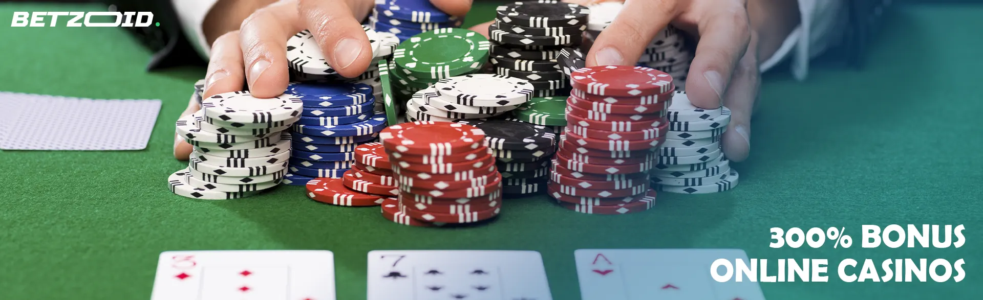 The player holds a pile of chips near the cards.