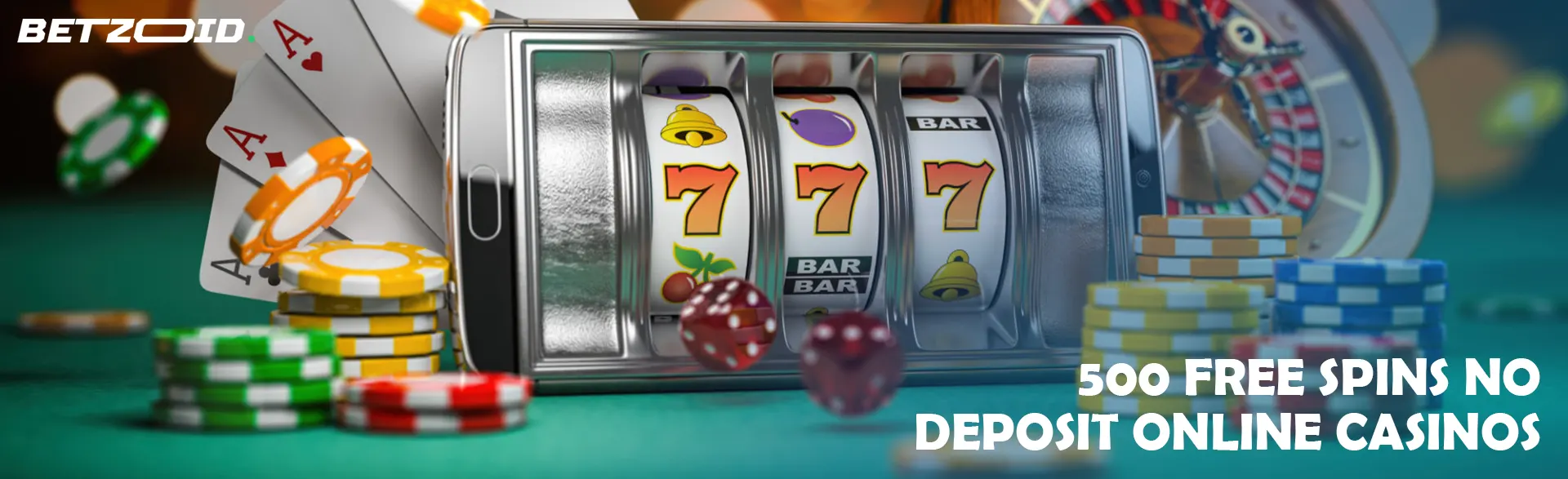 Virtual slot machine on the smartphone screen next to chips and cards.