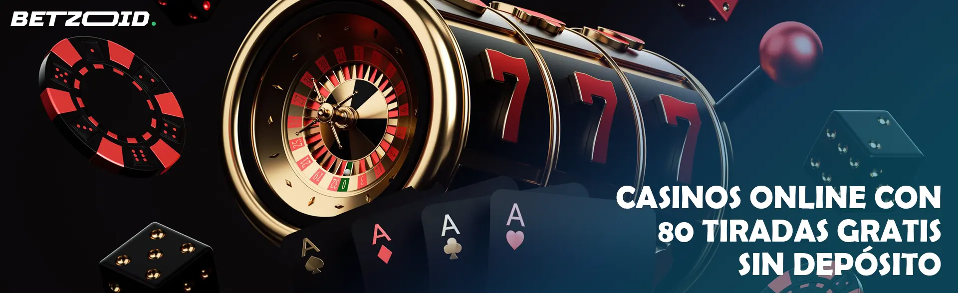 Máquina tragamonedas virtual, ruleta, fichas y cartas sobre fondo negro.
