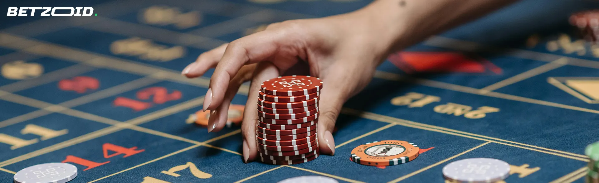 Hand holding chips on casino table.