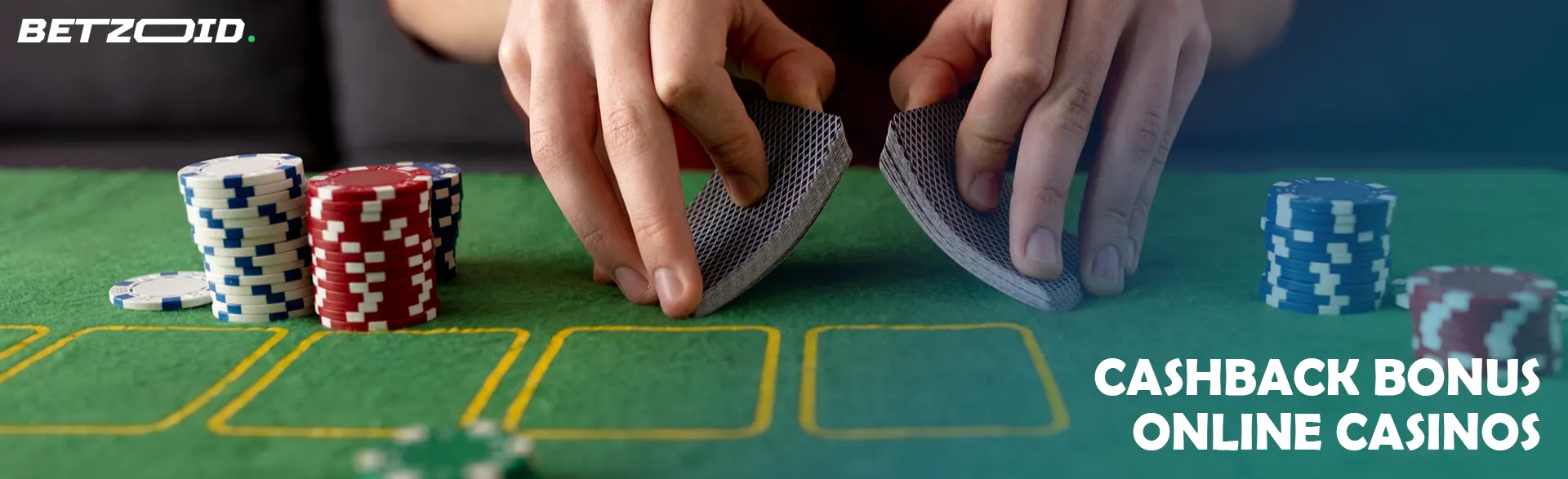 The player shuffles the cards on the table next to the chips.