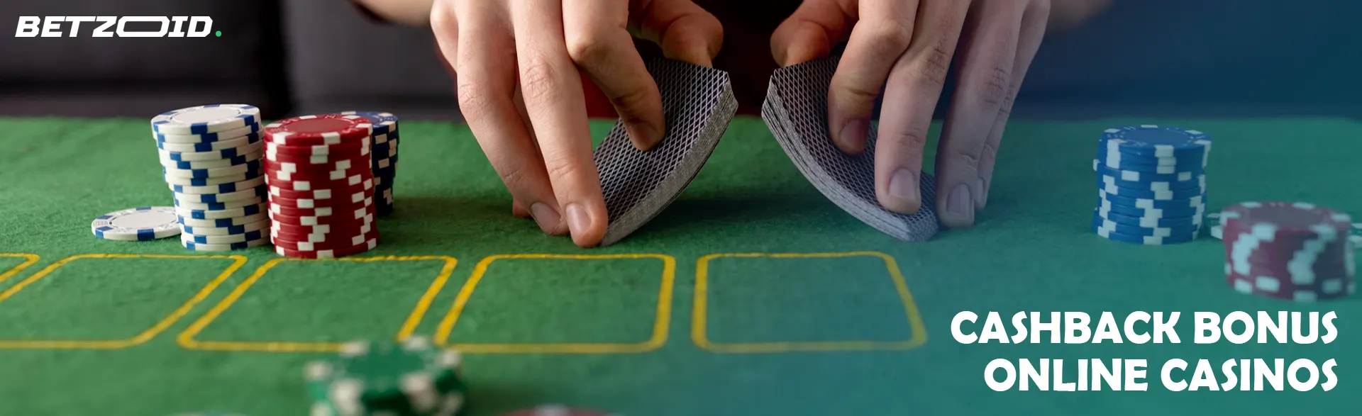The player shuffles the cards next to the casino chips.