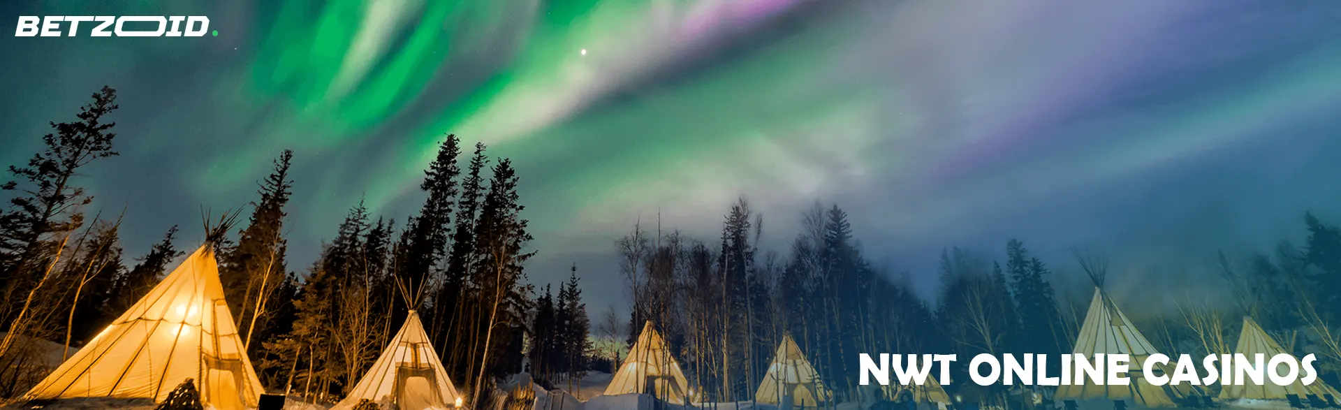 Aurora over the tents in the winter forest.