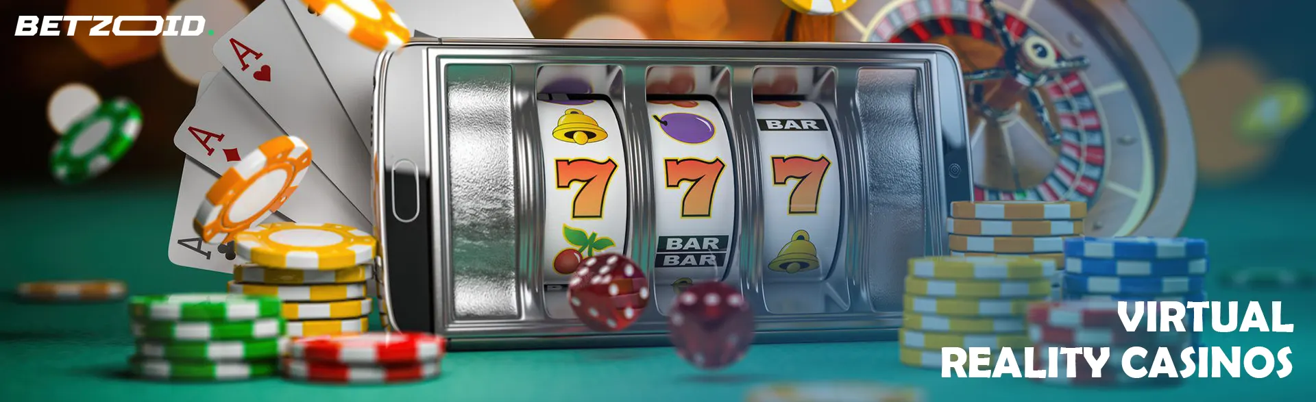 A virtual slot machine on a smartphone screen next to chips, cards and a roulette wheel.