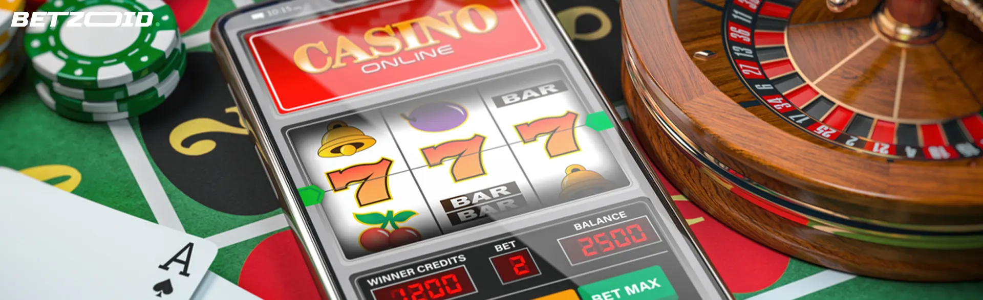 Online casino on a smartphone with chips, cards and a roulette wheel.