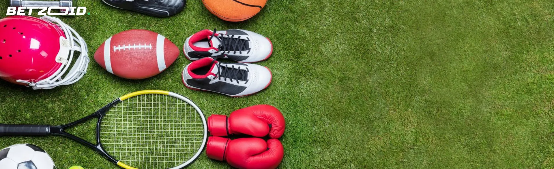Various sports equipment on the grass.